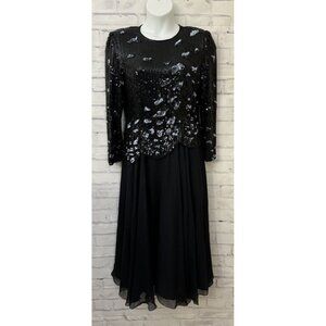 Sylvia Ann Vintage Black Silk Beaded Dress Size Large Cocktail Semi Formal party